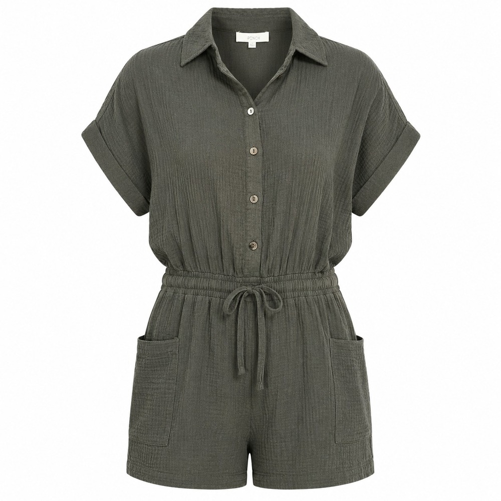 Pinch Romper Womens Large Olive Cotton Gauze Button Front Drawstring Waist 4085B